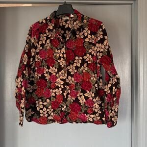Erika Corduroy Dark Floral Women's Button Top Long Sleeves sz Large Cabin